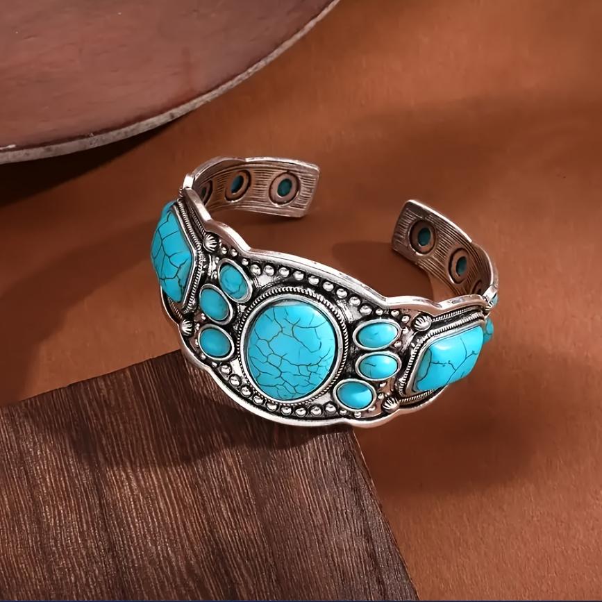 Women's Vintage Bohemian Natural Turquoise Round Bangle - Ethnic Theme, Beading Detail, Boho Beadwork, High-Quality Beads, Unisex Wear, Vacation Casual Accessory, Christmas Valentine's Day Gift Jewelry