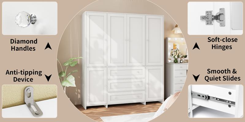 【2 Packages Delivery】VOWNER Large 4 Doors Wooden Wardrobe Bedroom Tall Armoire Closet Organizer with 3 Big Drawers Mirror Hanging Rails and Shelves Clothes Storage Cabinet for Bedroom Laundry Room