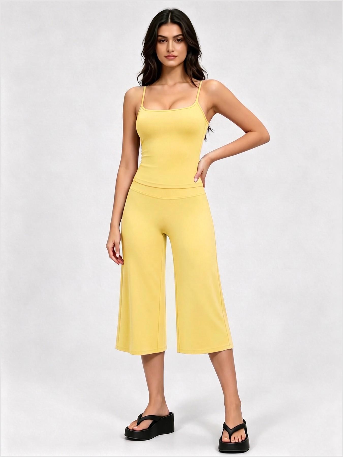 Adjustable Strap Top and High-Waist Wide-Leg Pants Set, Athleisure Summer Fitness Outfit, Soft Stretch Fabric, Sporty Style, Quick Dry, Suitable for Spring Summer Fall
