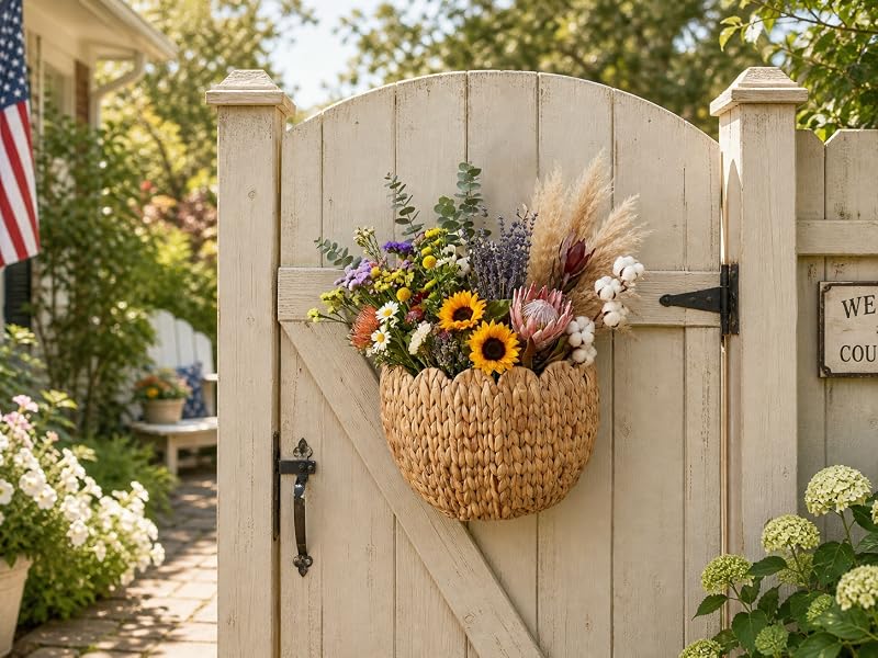 Scalloped Wicker Wall Baskets 2 Pack - Handwoven Hanging Rattan Storage Baskets for Wall Decor, Boho Front Door Basket & Farmhouse Bedroom Decoration (Natural)