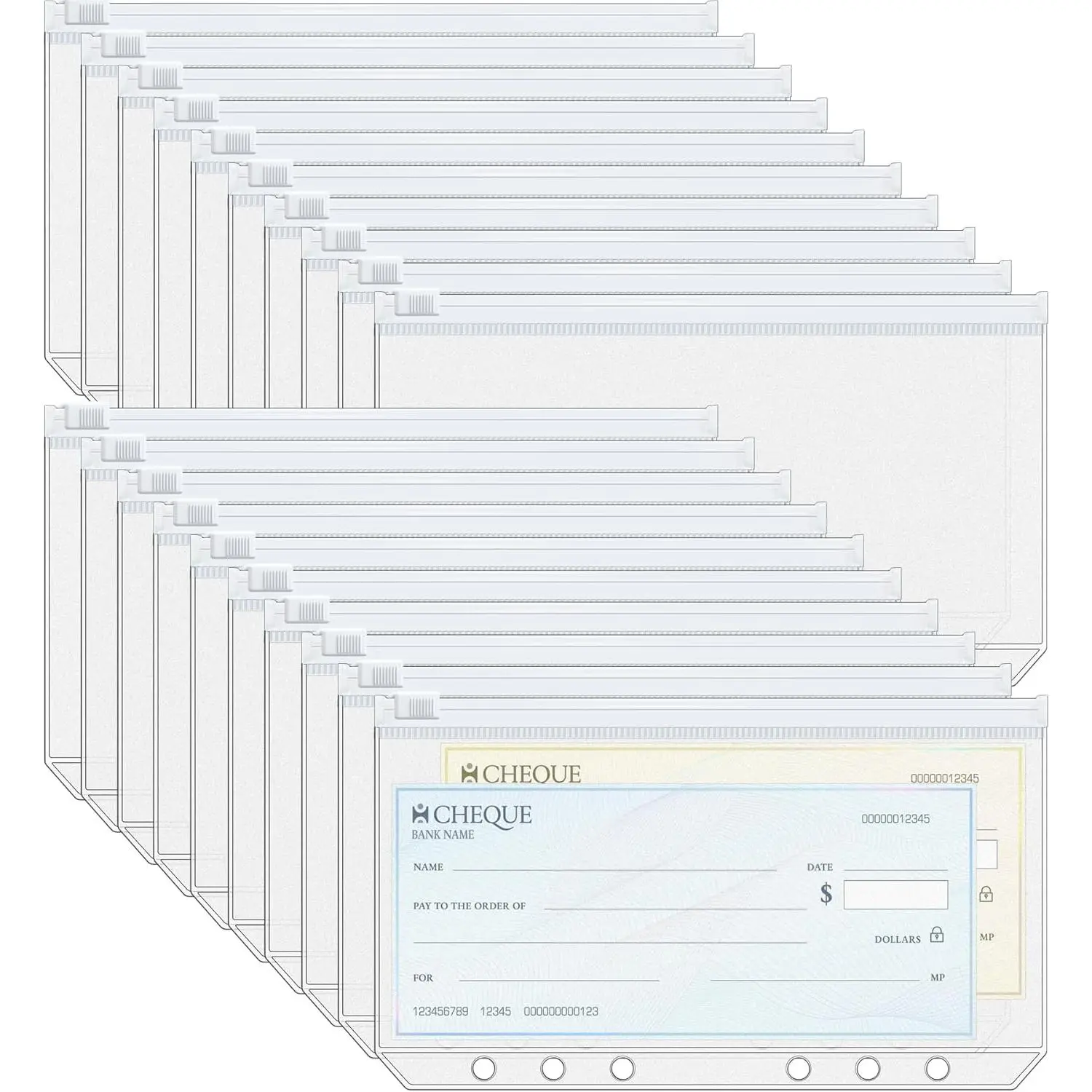 20 count A6 Binder Pockets 6-Hole  Envelopes for A6 6-Ring Binder | Budget Binder Envelopes, Planner Inserts, White Zipper, , Translucent, 6-Hole-Punched, Side-Loading, -Resistant