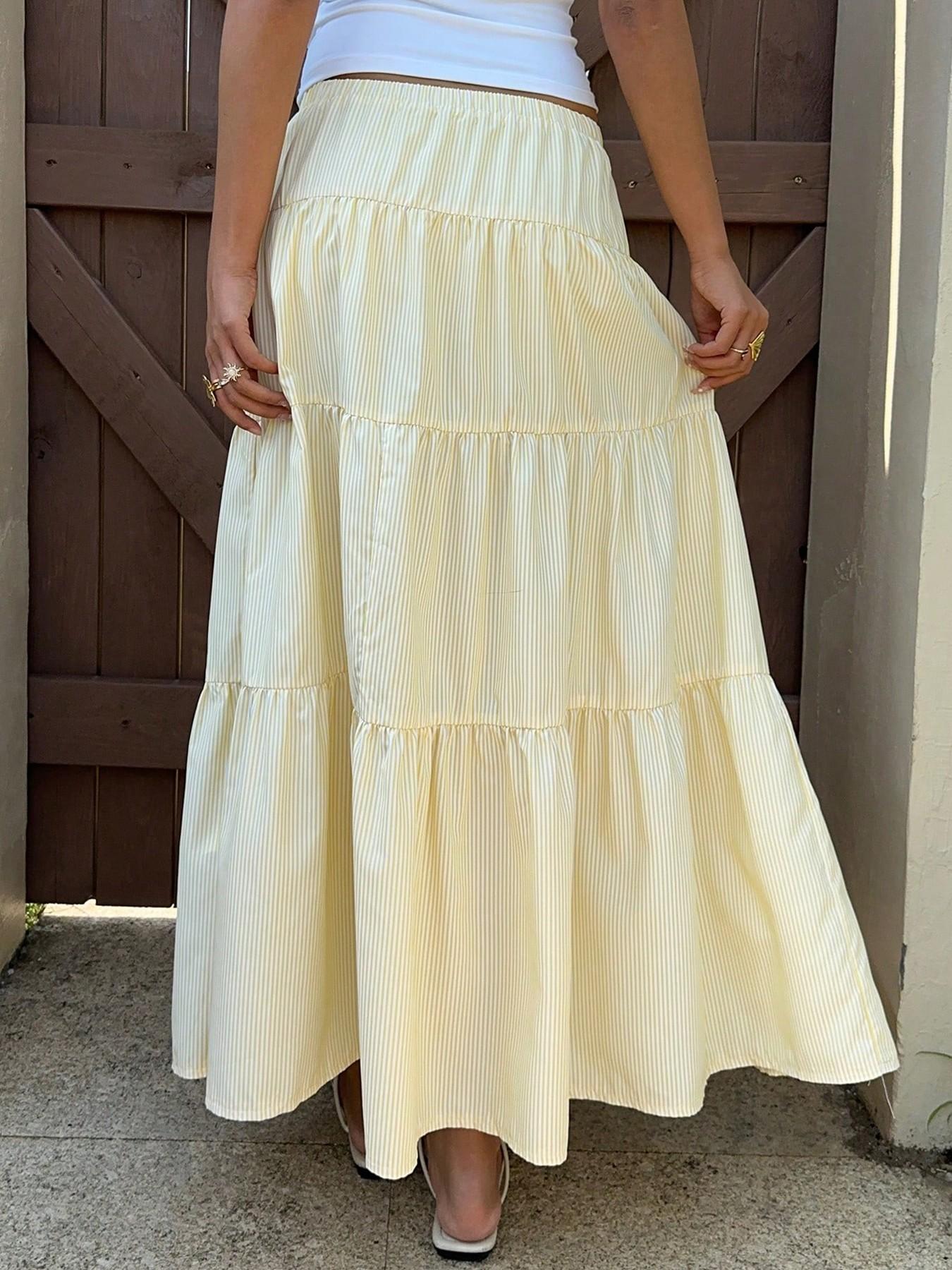 1 Piece Tie Drawstring Adjustable Elastic High Waist Tiered Multi Layer Spliced Ruffle Vertical Striped Loose Full Flowy Long Maxi Skirt, Boho Casual Fashionable Skirt
