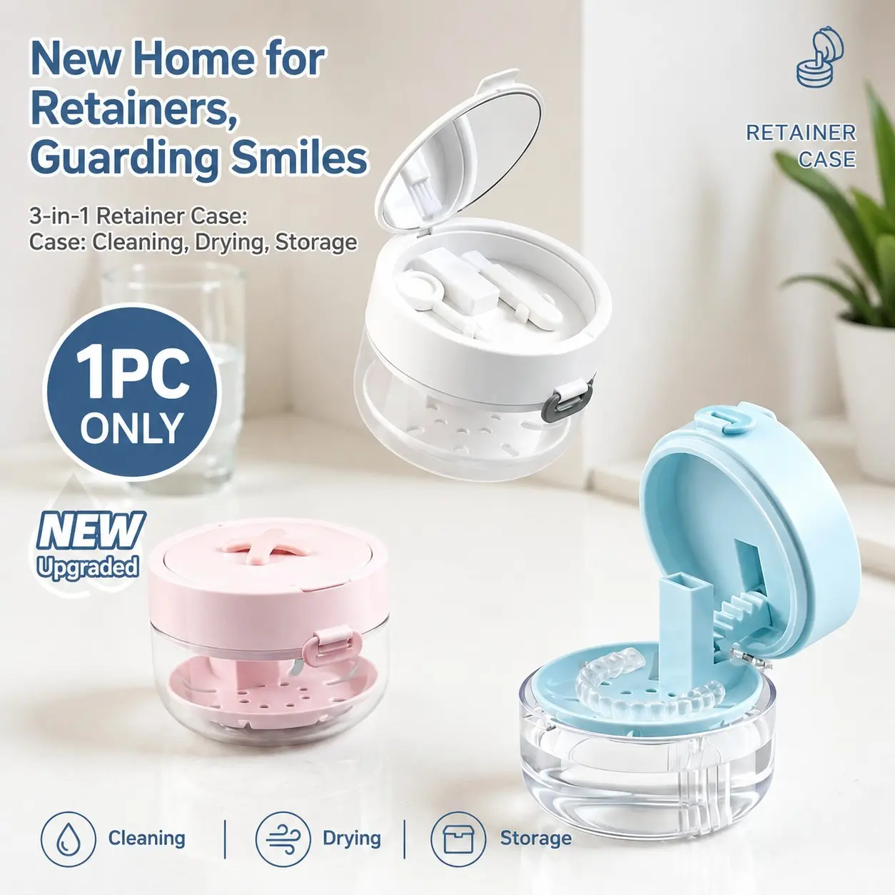 Retainer Cleaning Case, Dental Soaking Container with Drain Tray for Retainers, Aligners & Dentures, Travel Cleaning Box with Mirror and Brush, Denture Care Tool