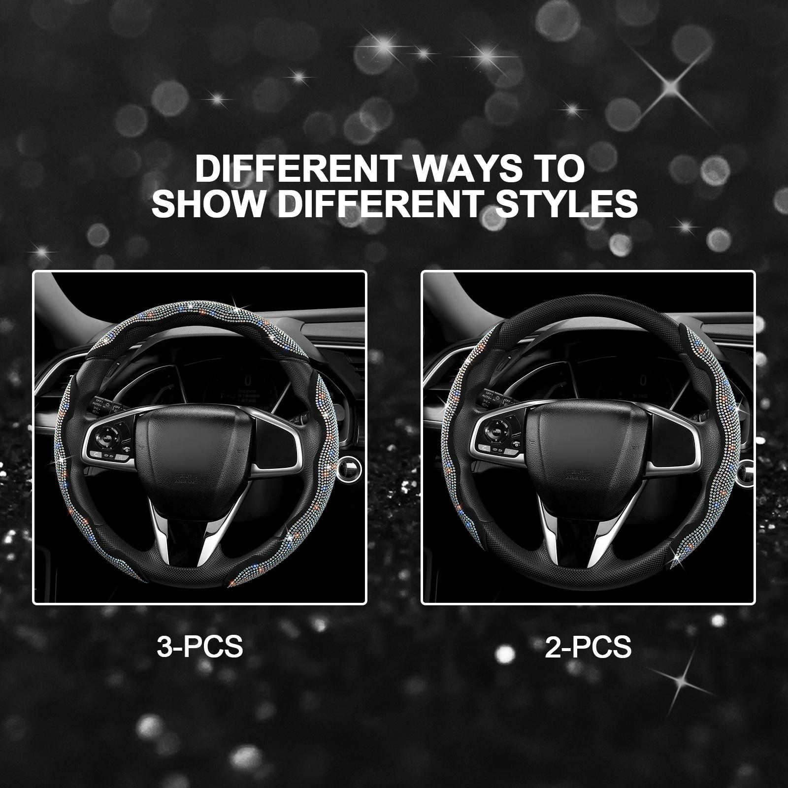 Queen's Land Diamond Bling Sparkly Car Steering Wheel Cover with Crystal Rhinestones,3PCS Segmented Steering Wheel Protector,Universal for 99% Cars for Women;Christmas Gift;Holiday Gift