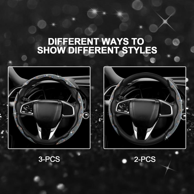 Queen's Land Diamond Bling Sparkly Car Steering Wheel Cover with Crystal Rhinestones,3PCS Segmented Steering Wheel Protector,Universal for 99% Cars for Women;Christmas Gift;Holiday Gift
