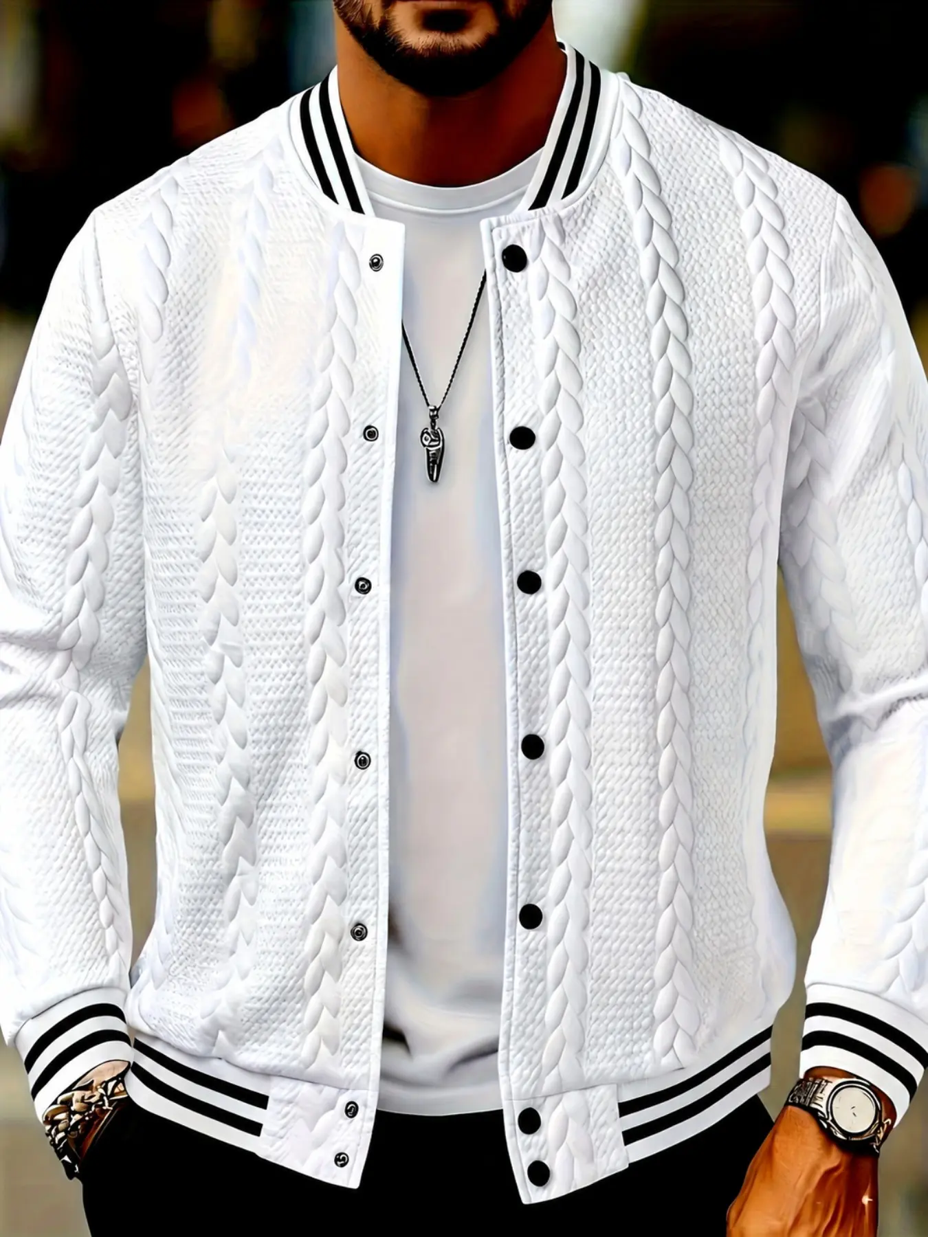 Men's Baseball Jacket, Casual Cable Jacquard Pattern, Slim Fit, Fashionable Striped Trim, Fall & Winter Outerwear