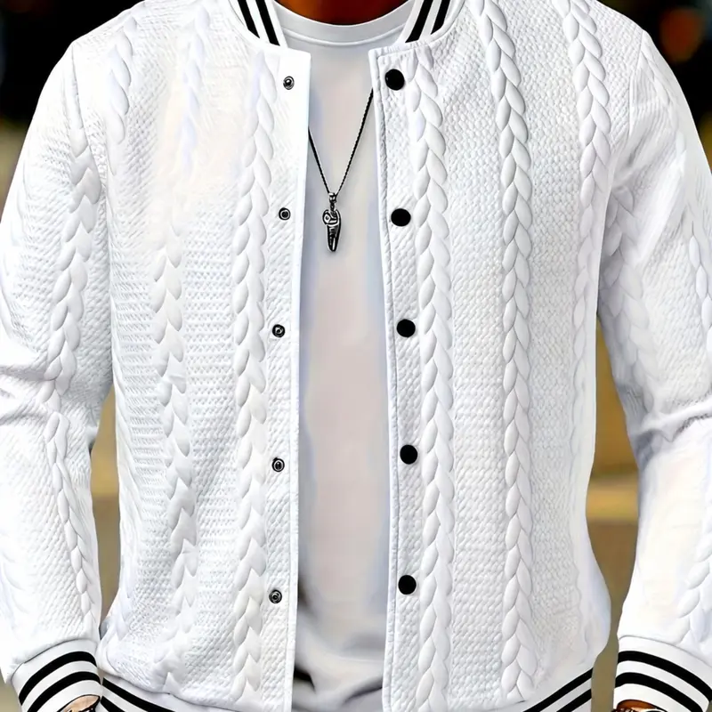 Men's Baseball Jacket, Casual Knit Pattern Fleece Lined, Slim Fit, Fashionable and Stripes, Fall Winter Outerwear