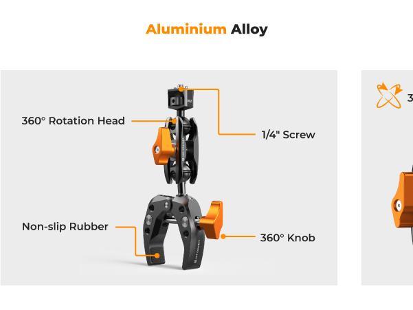 【K&F CONCEPT】Camera Clamp Mount, Super Clamp Mount Magic Arm with Two 360° Ball Heads, 1/4" Screw Threads for ARRI Compatible with DSLR, Action Camera, Tripod, Phone for Gopro/Insta360