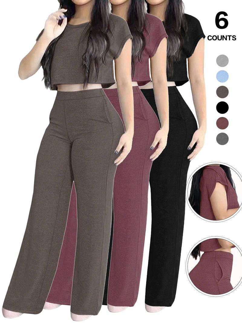 Women's Casual Elegant Solid-Color Suit Set, Short Top & High-Waisted Pants with Pockets, Comfortable Sporty Two-Piece