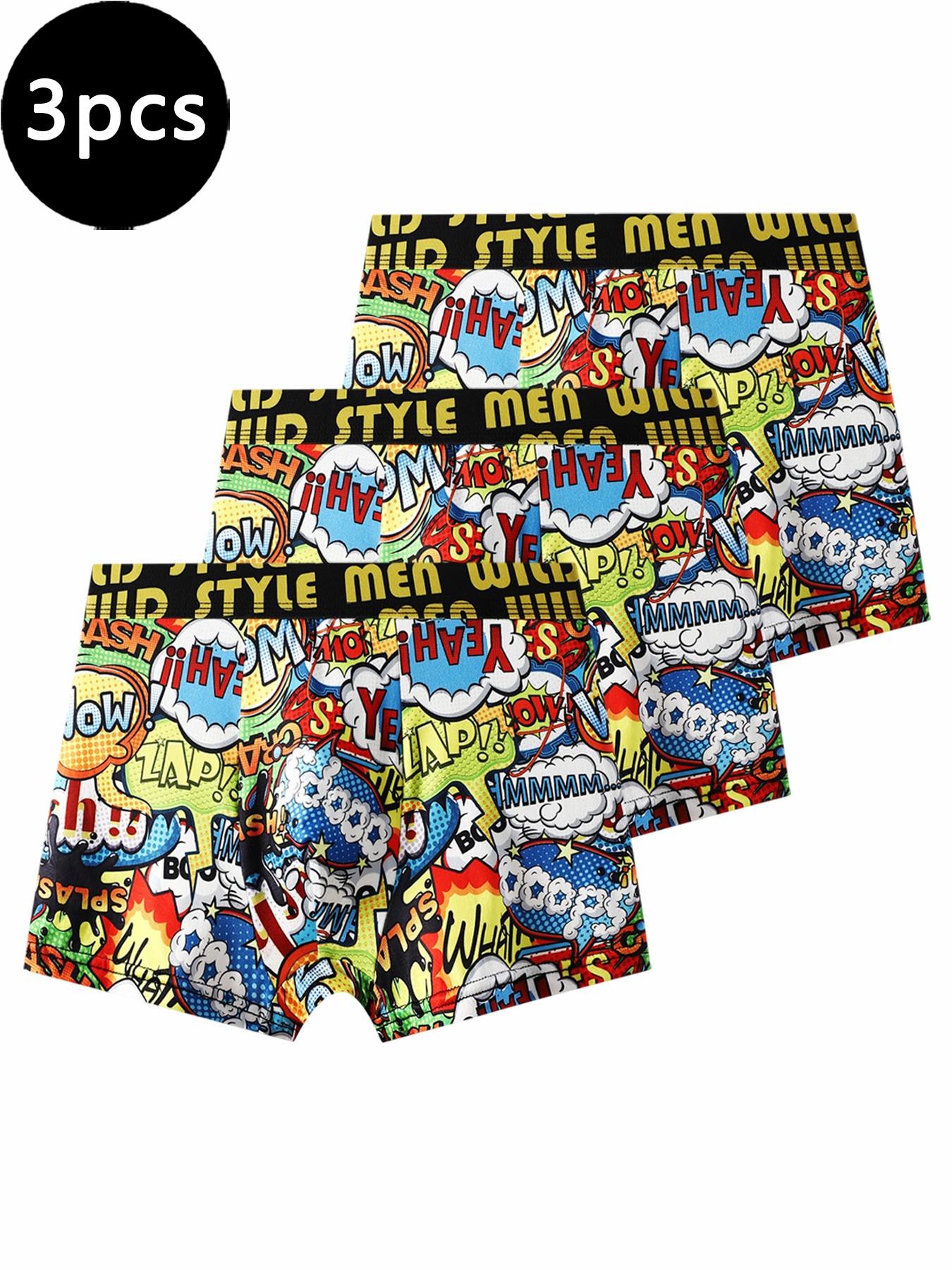 3-pack men's boxer briefs, trendy graffiti prints, soft and breathable, street-style underwear