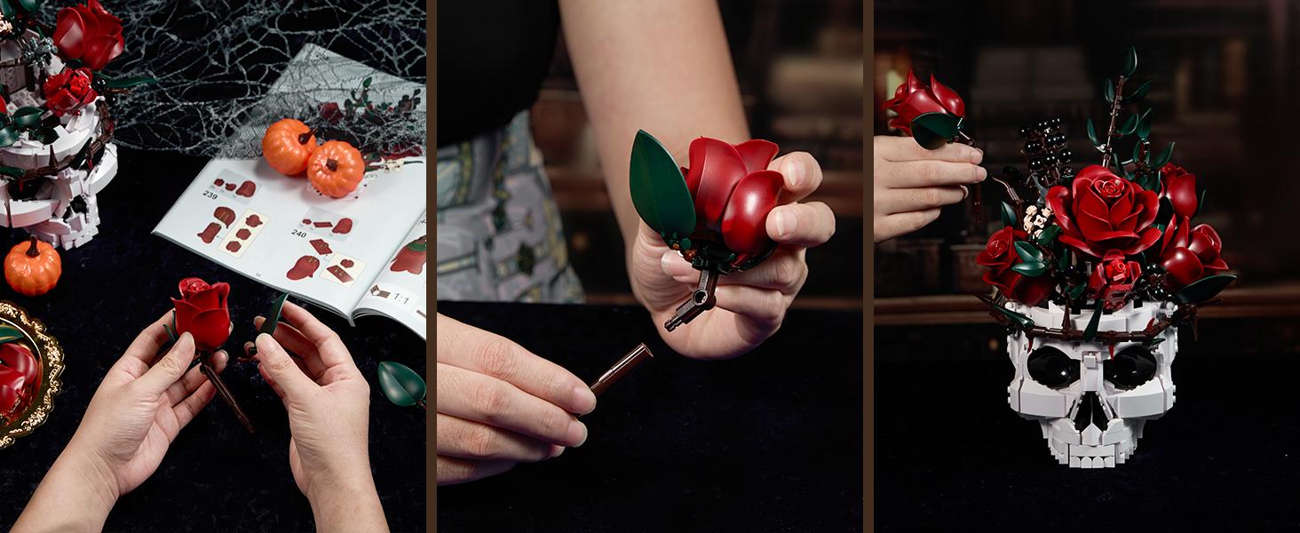 Supreowls Skull Roses Flower Bouquet Building Set, Botanical Collection Kit for Adult Women, Gift for Valentines Day for Her/Girlfriend/Mom/Wife/Couple, Goth Horror Skeleton Pot Home Table Decor Aesthetic