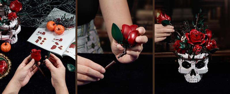 Supreowls Skull Roses Flower Bouquet Building Set, Botanical Collection Kit for Adult Women, Gift for Valentines Day for Her/Girlfriend/Mom/Wife/Couple, Goth Horror Skeleton Pot Home Table Decor Aesthetic