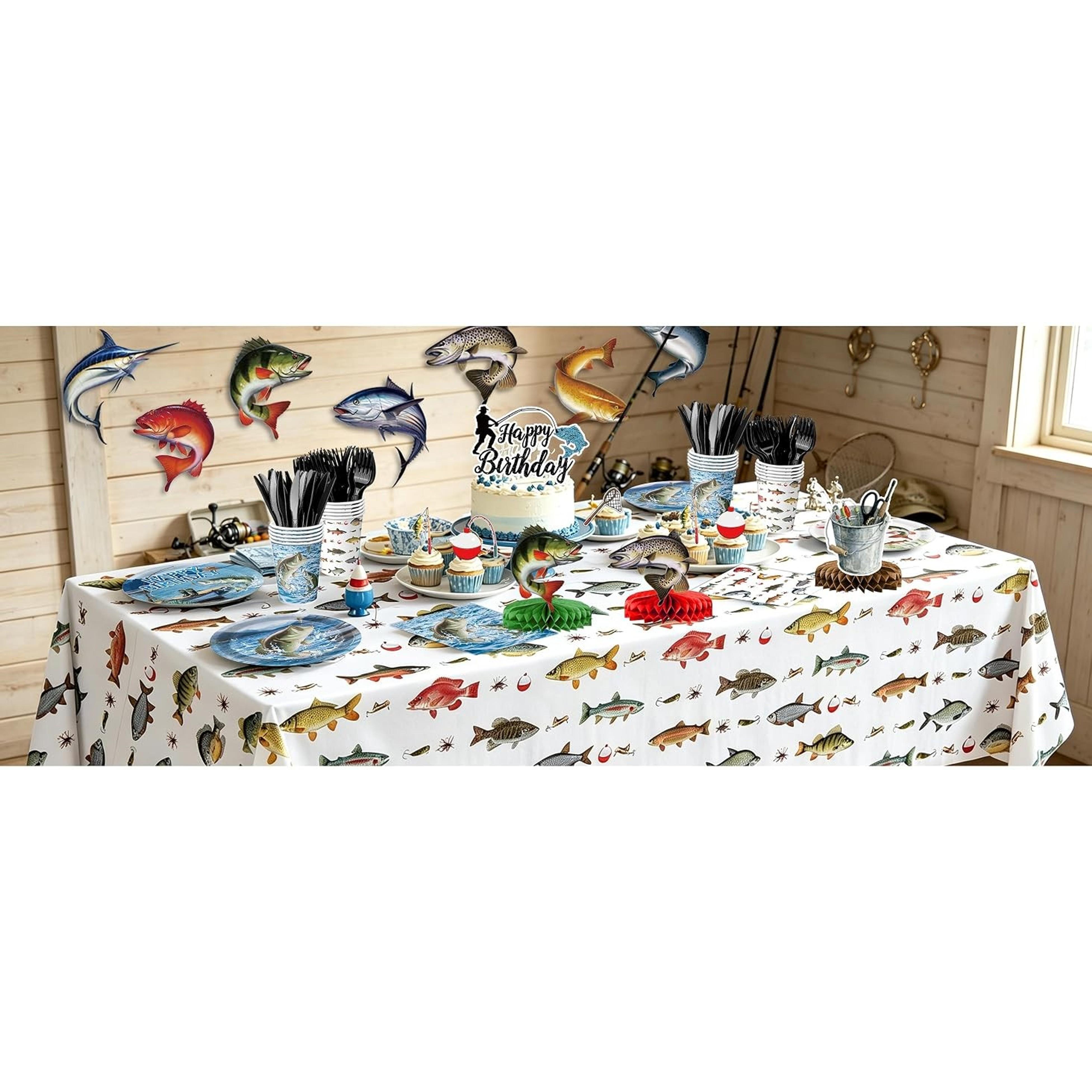 Fishing Birthday Party Decorations Set - Plates, Napkins, Cups, Cutlery, Honeycomb Centerpieces, Banner, Hanging Swirls, Tablecloths, Toppers, Balloons for Ofishally One Birthday, Serves 24