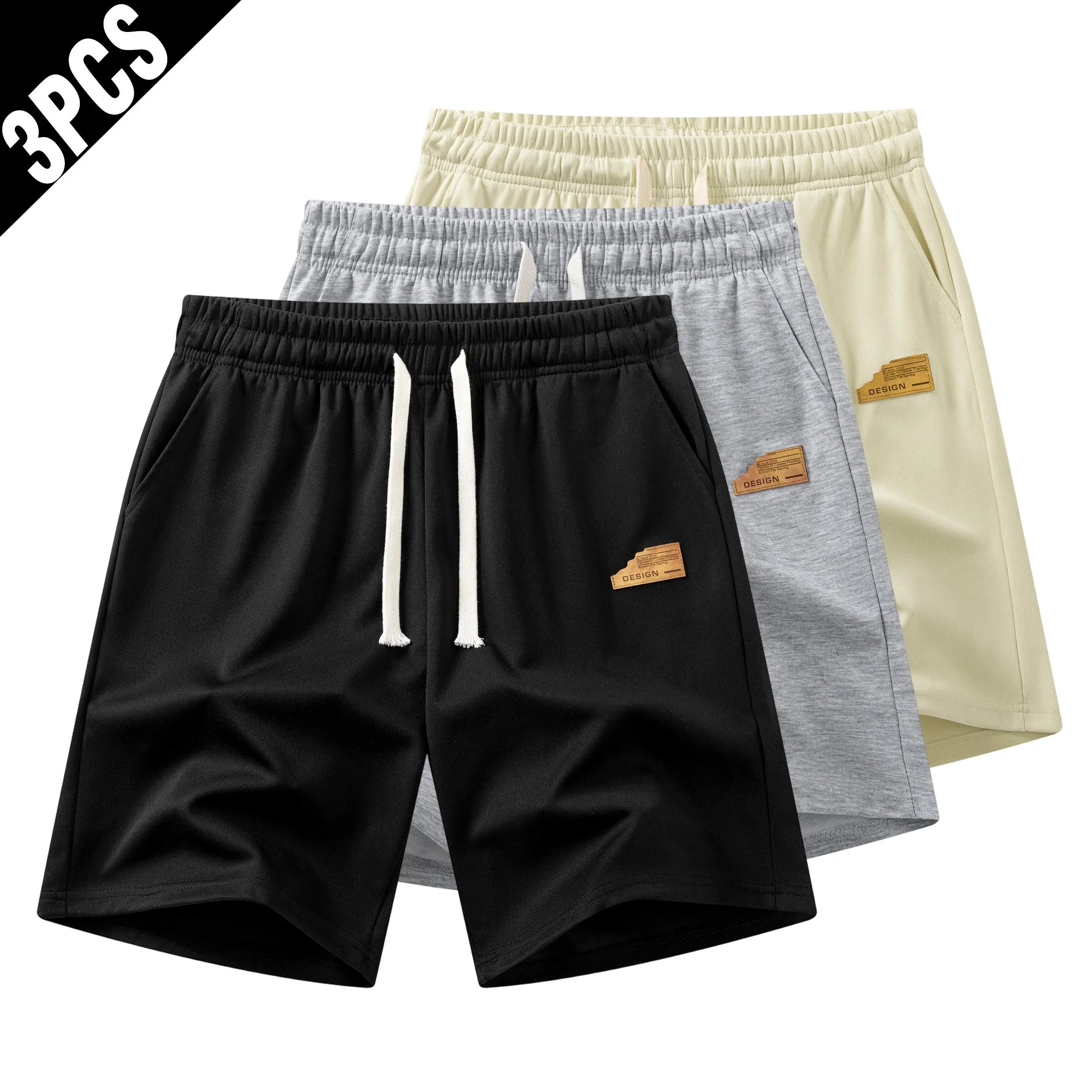 3 Pack Men Small Patch Label Sweat Shorts, Elastic Waist Drawstring Loose Fit Lightweight Casual Summer Walking Shorts Multipack indoor workout casual short sport daily style solid color short lounge athletic running comfy pocket breathable outdoor short