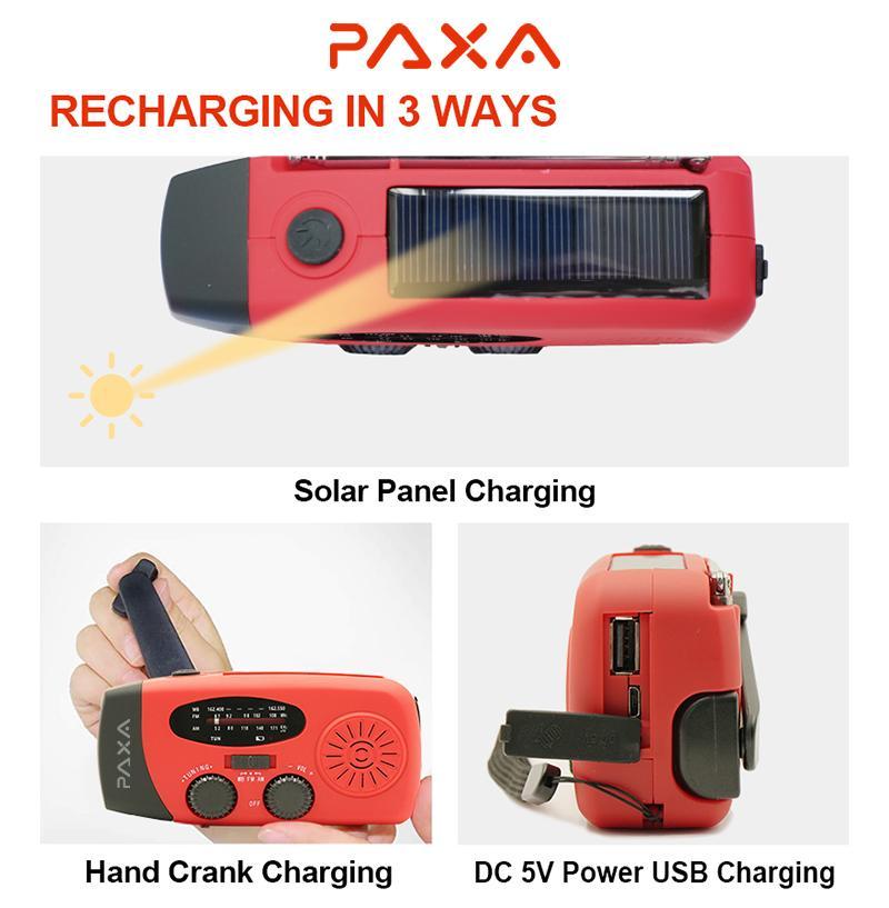 PAXA Compact Solar Powered Hand Crank Emergency Radio, Chargeable Power Bank Weather Radio with Flashlight for Charging Phones, Portable Charger Radio with LED Lights