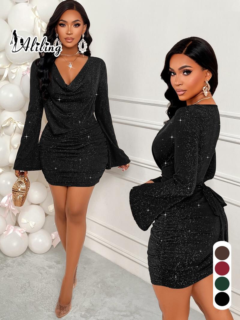 Sexy Draped Neck Flare Sleeve Tie Waist Ruched Party Mini Dress With Glitter Knitted Fabric, Elegant Sexy Casual, Wedding Guast, Halloween Day, Christmas Day, Fall/Winter Clothes For Women