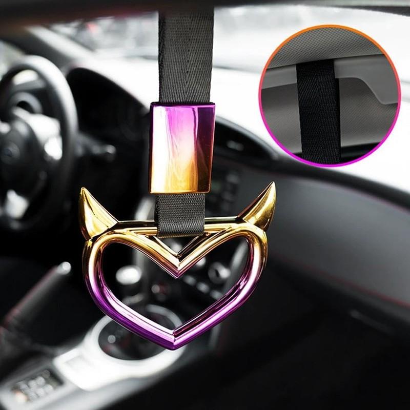 Car Gradient Demon Horn Heart Pull Ring, Interior Exterior Modification Handle Ring, Tail Hanging Decoration, Car Personalized Decor & Auxiliary Handle