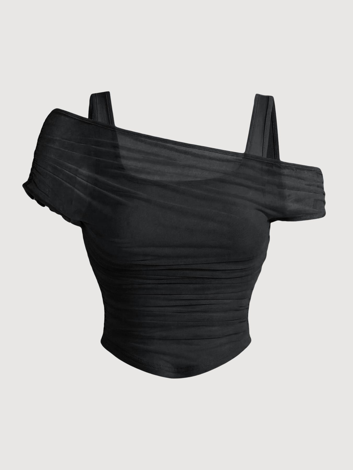 Women's Asymmetric Neckline Ruched Crop Top - Trendy Mesh Blouse for Club, Date Night & Vacation Women's Asymmetric Neckline Ruched Crop Top - Trendy Mesh Blouse for Club, Date Night & Vacation