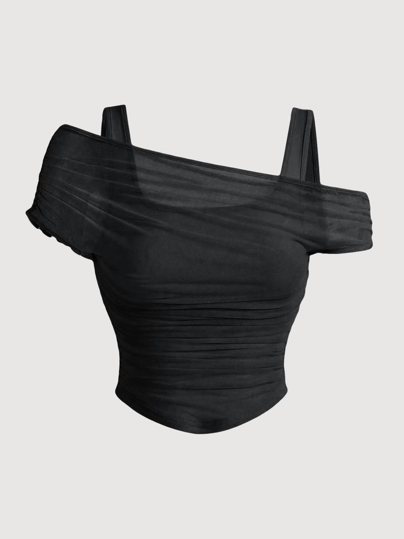 Valentine's Day Women's Asymmetric Neckline Ruched Crop Top - Trendy Mesh Blouse for Club, Date Night & Vacation