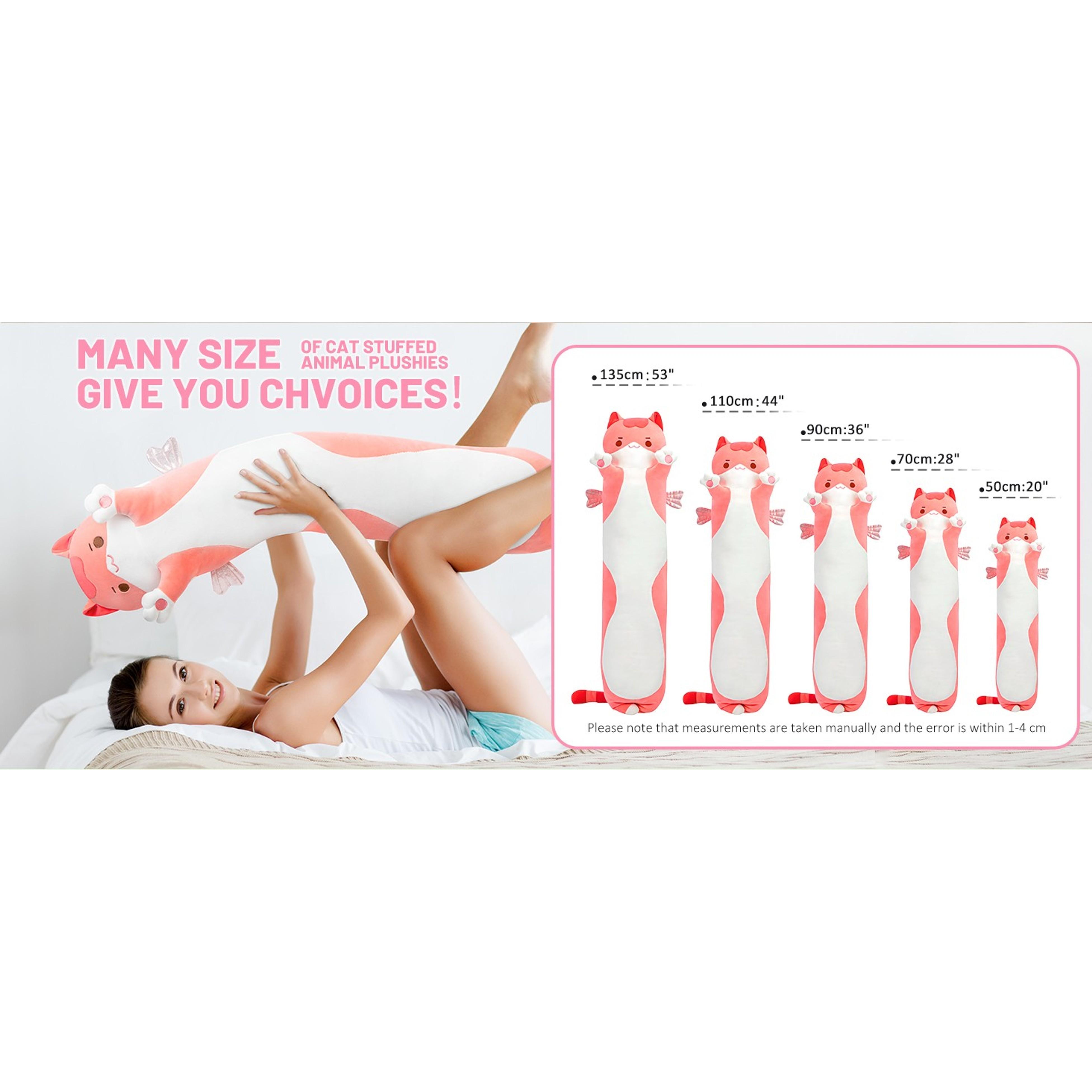 Kids Body Pillow Pink Long Cat Plush 20 in, Extra Filling Soft Cute | Ultra-Soft Stretch Fabric, Huggable Cat Plush, For Bedtime, Sofa Back Cushion, Cute Kawaii Cat Design, Gift for Kids & Girls