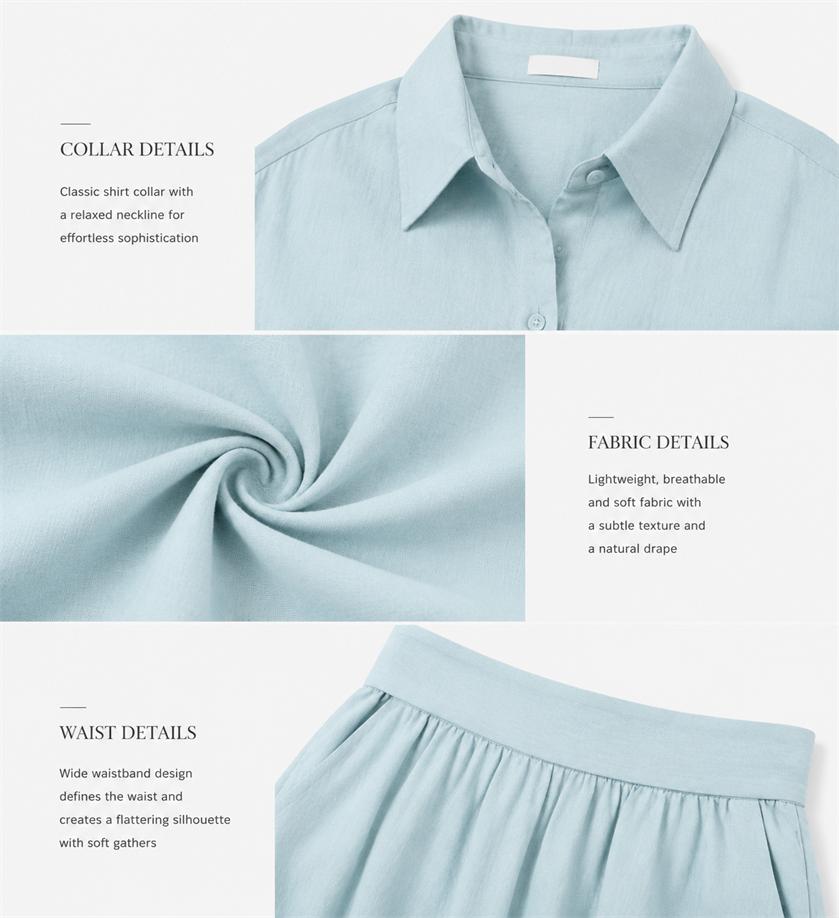Women's Cotton-Linen Blend 2-Piece Set - Collared Neck Short-Sleeve Button-Down Shirt, High-Waist Loose-Fit Wide-Leg Pants, Elegant Minimalist Outfit for Summer Vacation, Dry Cleaning Compatible