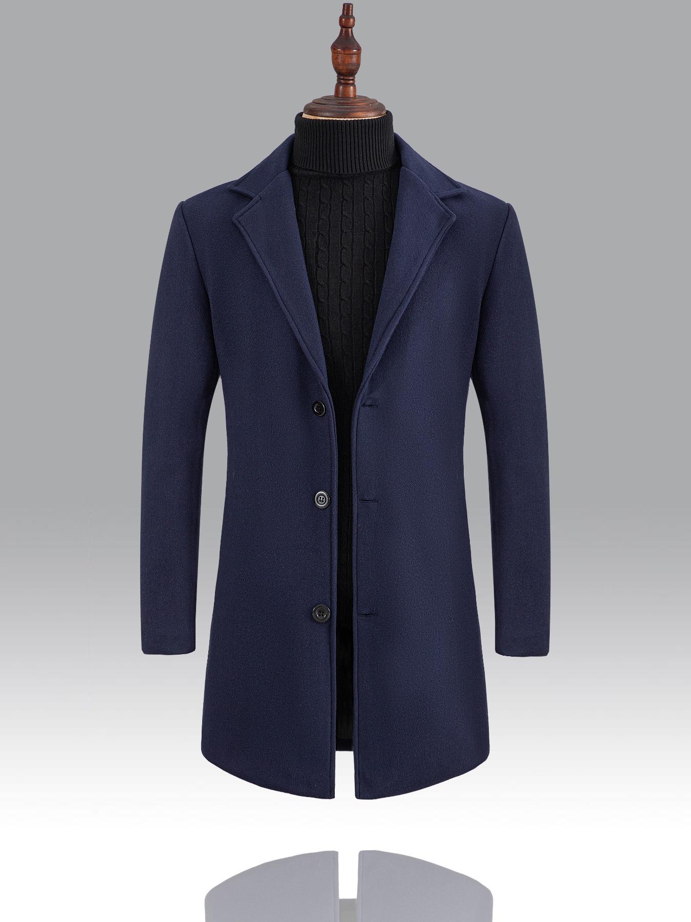 Men's Regular Fit Solid Lapel Collar Single Breasted Trench Coat, Long Sleeve Button Front Coat For Men, Fashion Casual Cozy Comfy Men's Outerwear For Winter Jackets