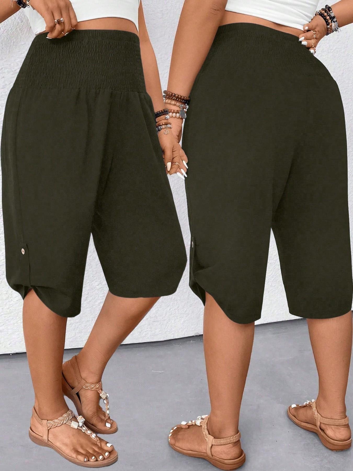 Women's Casual Tummy Control High Waist Fitted Wide Leg Capri Pants Smocked Waist Button Hem Loose Fit Cropped Trousers Summer Shorts Beach Vacation Lounge Daily Work Outfits Solid Black Stretchy Soft Breathable Lightweight Spring Break 2026 Plus Size Women's Casual Tummy Control High Waist Fitted Wide Leg Capri Pants Smocked Waist Button Hem Loose Fit Cropped Trousers Summer Shorts Beach Vacation Lounge Daily Work Outfits Solid Black Stretchy Soft Breathable Lightweight Spring Break 2026 Plus Size