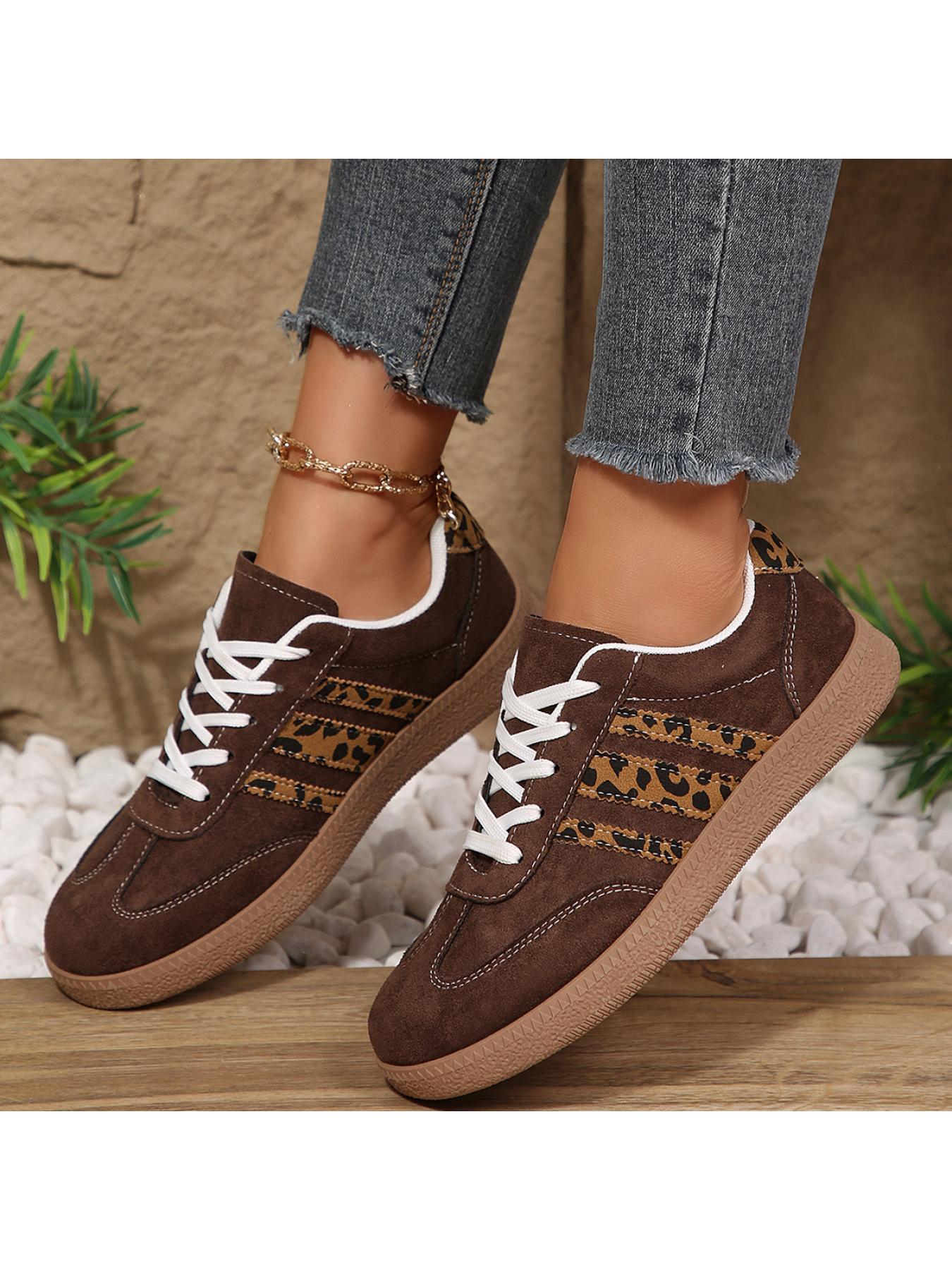 Women's 2.5cm Platform Leopard Print Sneakers, Black/Beige, Retro 3-Stripe Casual Shoes