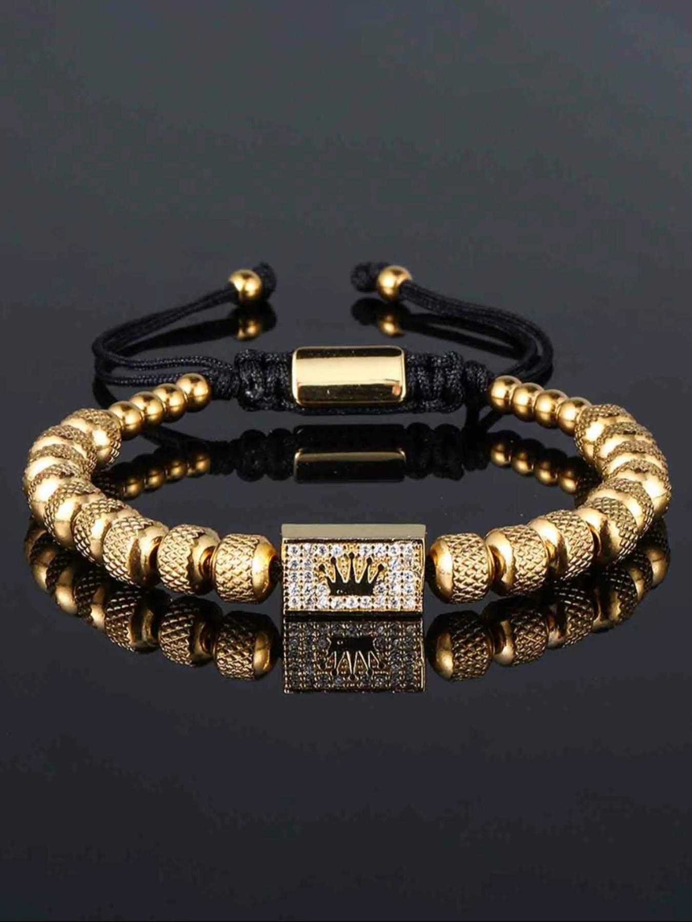 Vintage Stainless Steel Beaded Zircon Crown Bracelet, Adjustable Casual Men's Party Wristband, Chain Print, All Seasons