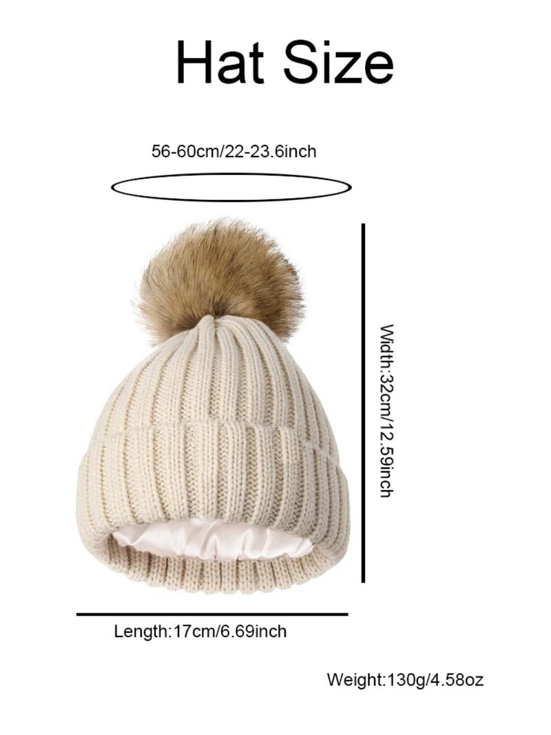 Unisex Plain Striped Beanie Hat, Satin Lined Knit Cap with Pom Pom, Warm Comfortable Windproof Winter Accessory, No Tag Design, Knitted Winter Hat