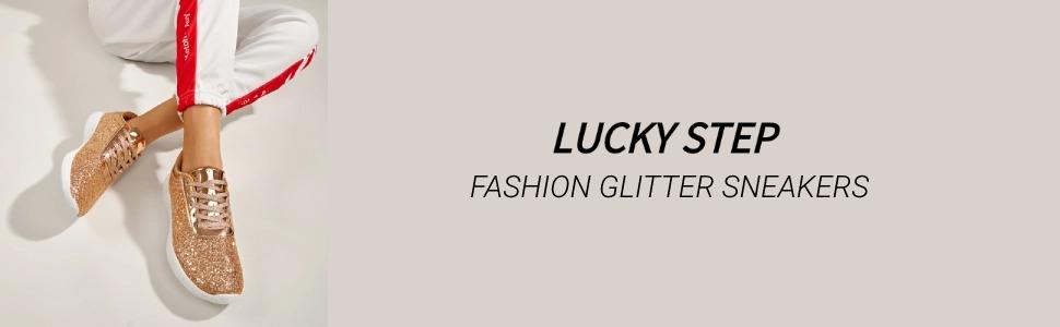 LUCKY STEP Women's Glitter Shoes Sparkly Lightweight Metallic Sequins Tennis Shoes Casual Retro Braided Walking Shoes