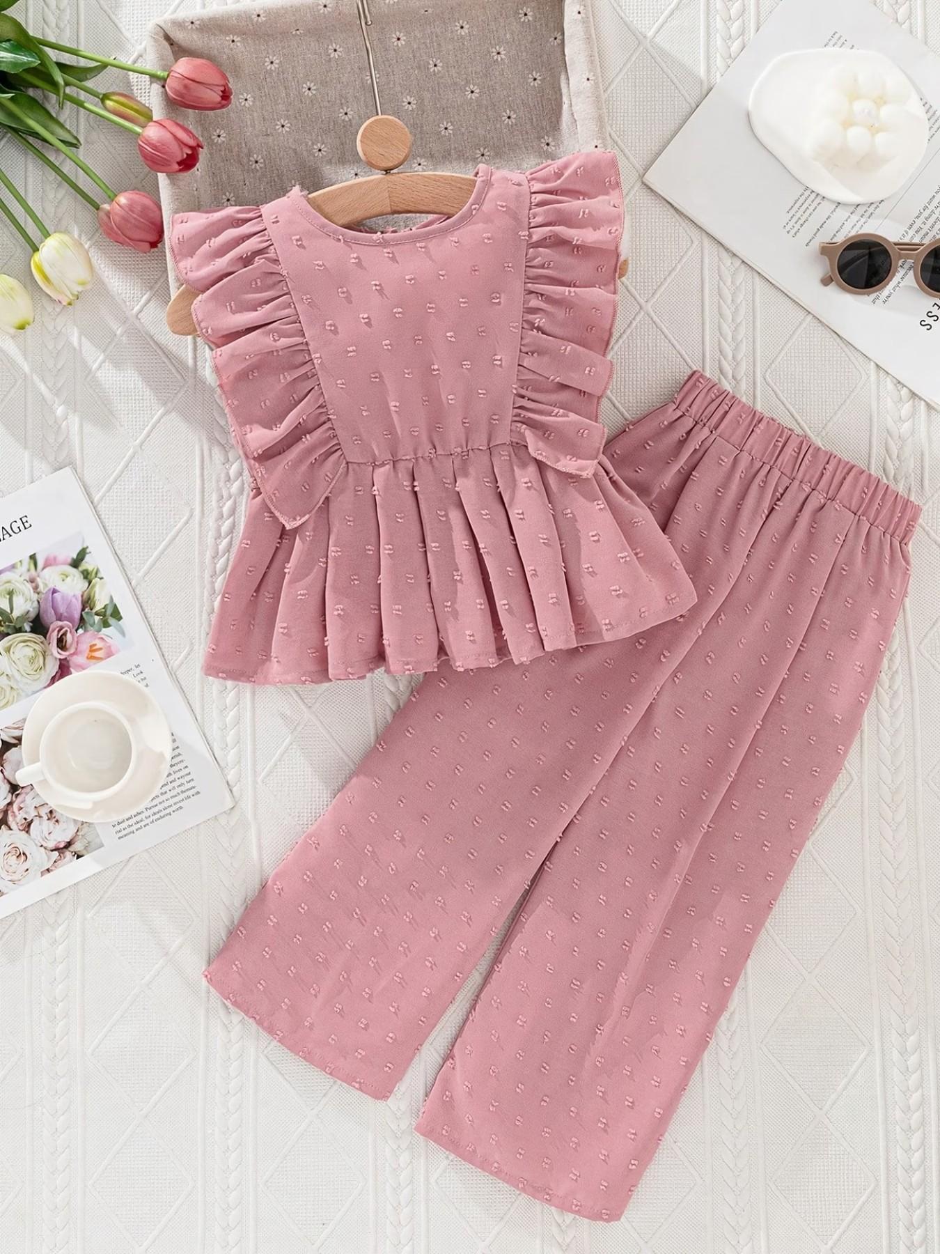 Trendy Dusty Swiss Dot Kids Set, Ruffle Peplum Top & Wide Leg Pants, Princess Style Fashion for Little Girls, All Seasons