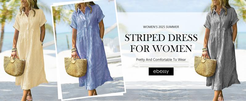 Chouyatou Women's Loose Midi Striped Shirt Dress Bohemian Side Slit Dress with Pockets