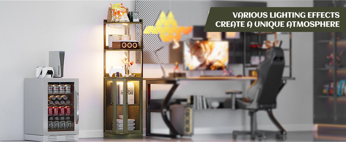 Corner Bar Cabinet with  Power Outlet and LED Strip, 65" H 5-Tier Corner Liquor Wine Display Cabinet for Home, Corner Bar and Storage Solution, for Living Room, Kitchen, Home Bar, Furniture,Gray