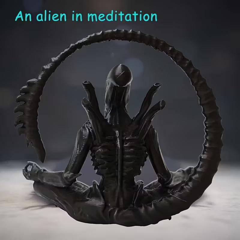 Meditating Alien Figurine, Decorative figurines, Collectible Figurine, Contemporary Fantasy Decor with Expressive Eyes & Outstretched Arms, for home, 1 pc, Dark Brown, Halloween Christmas, Alien Decor Unique Sculpture Statue