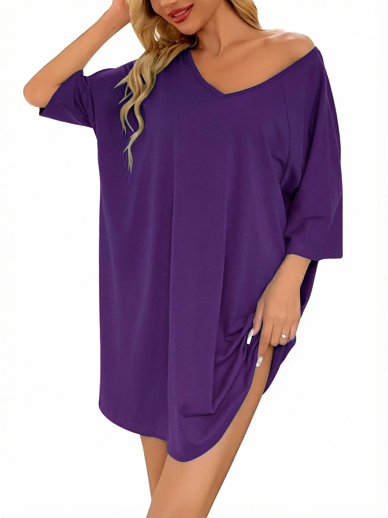 2026 Women's Sleepshirt Deep V Neck Nightgown Batwing Nightshirt Oversized Sleepwear