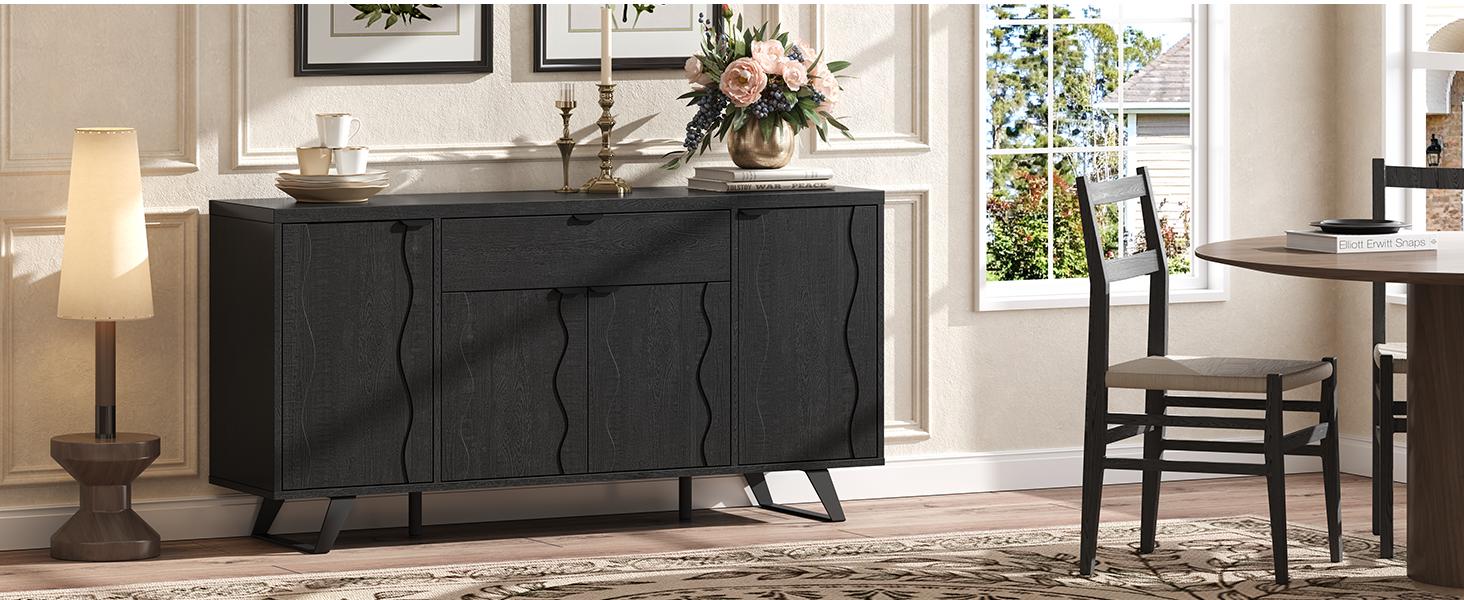 【Wavy Panel Design】ONBRILL 63" Sideboard Buffet Cabinet, Kitchen Buffet Storage Cabinet, Mid Century Modern Storage Cabinet with 4 Doors & Shelves, Wood Coffee Bar Console Wine Bar for Living Room, Kitchen,Hallway
