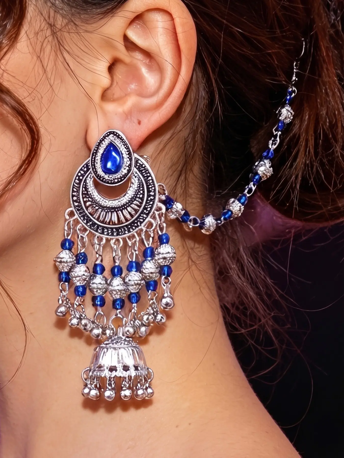 Vintage Silver Indian Jhumka Earrings with Hair Chain for Women, Green Stone Crescent Drop Bell Tassel Earrings, Unique Design Earrings, Boho Gypsy Bollywood Tribal Festival Fashion Jewelry Pack