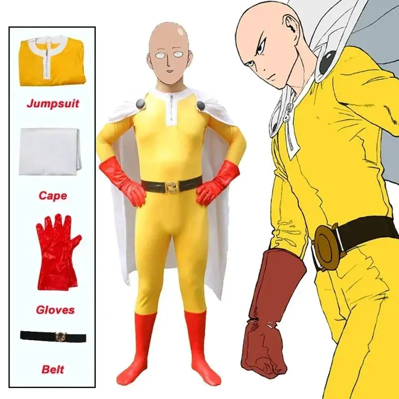 ONE PUNCH-MAN Saitama Cosplay Costume Bodysuit with White Cloak Anime Jumpsuit Adult Halloween Costume for Man