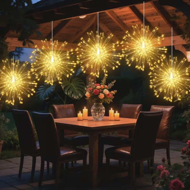 Smart Solar Hanging Firework Lights, 5-Piece Set, 8 Modes with Remote Control, Copper Wire Lanterns, Garden Decor, Celebrations, Weddings