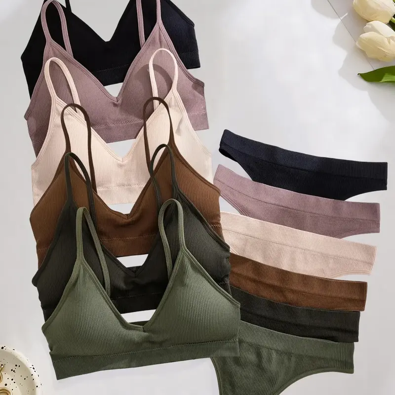 【Black Friday】Women's Fine-Ribbed Wireless Bra and Panty Sets, Medium-Support Spaghetti-Strap V-Neck Bralettes with Matching Panties, Breathable Minimalist Solid-Color Lingerie for All Seasons #GLOBAL PICKS