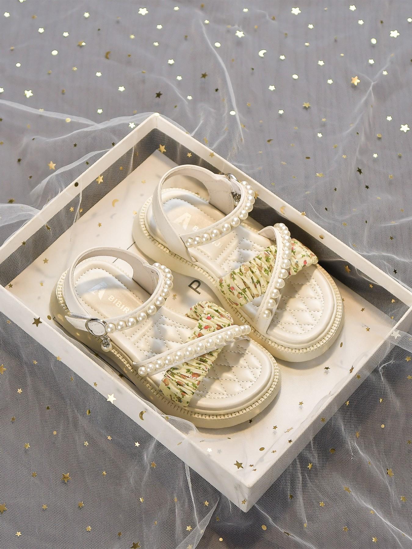 Girls' Pearl Open-Toe Sandals, Elegant Floral Design, Breathable Soft Sole, Magic Tape Closure, Comfortable PU Leather, Ages 3-12