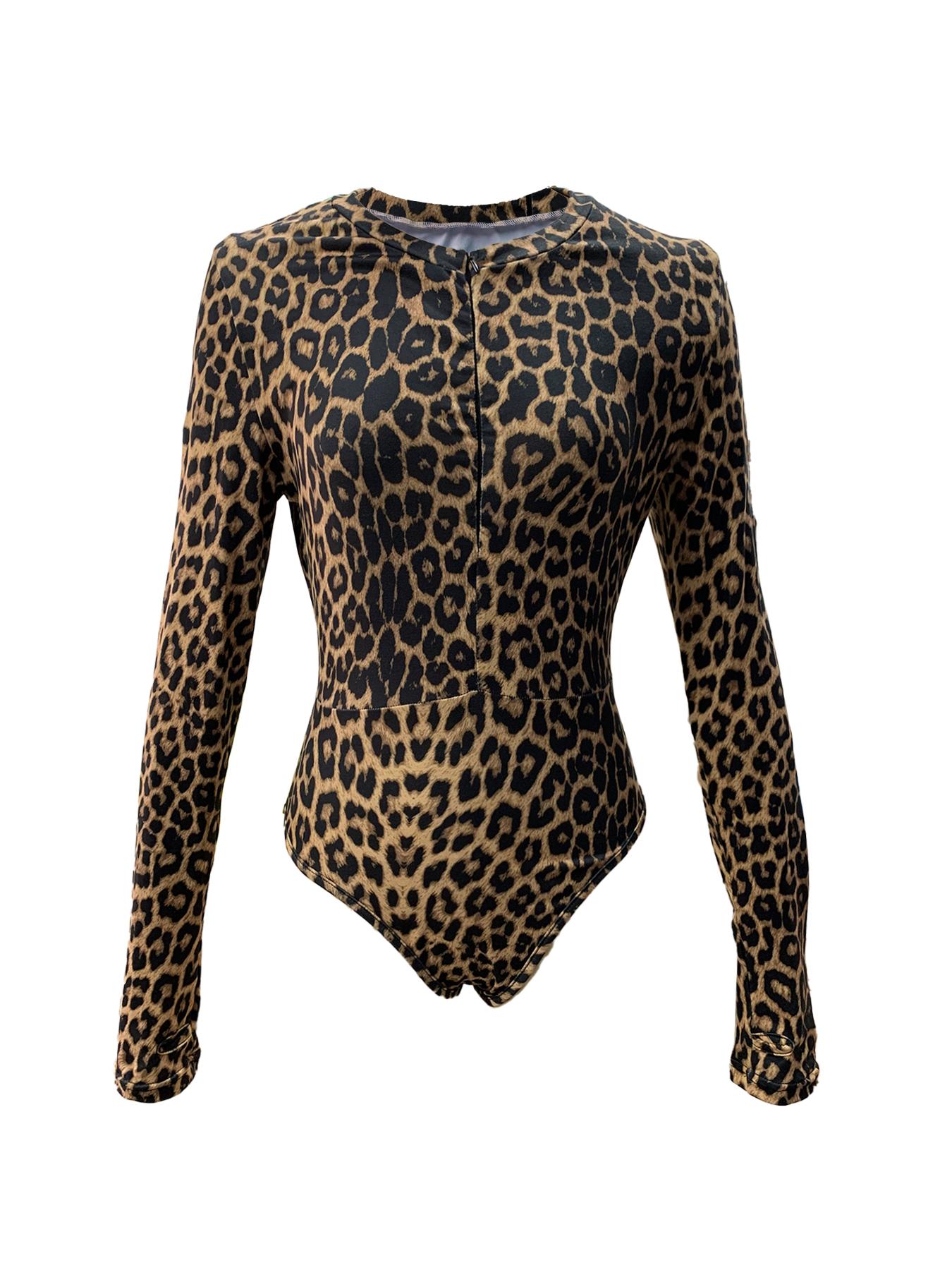Women's Leopard Print Zipper Thumb Hole Design One-piece Bodysuit, Fashion Casual Long Sleeve Bodysuit for Daily Outdoor Wear, Women Clothes for Spring & Fall, Womenswear