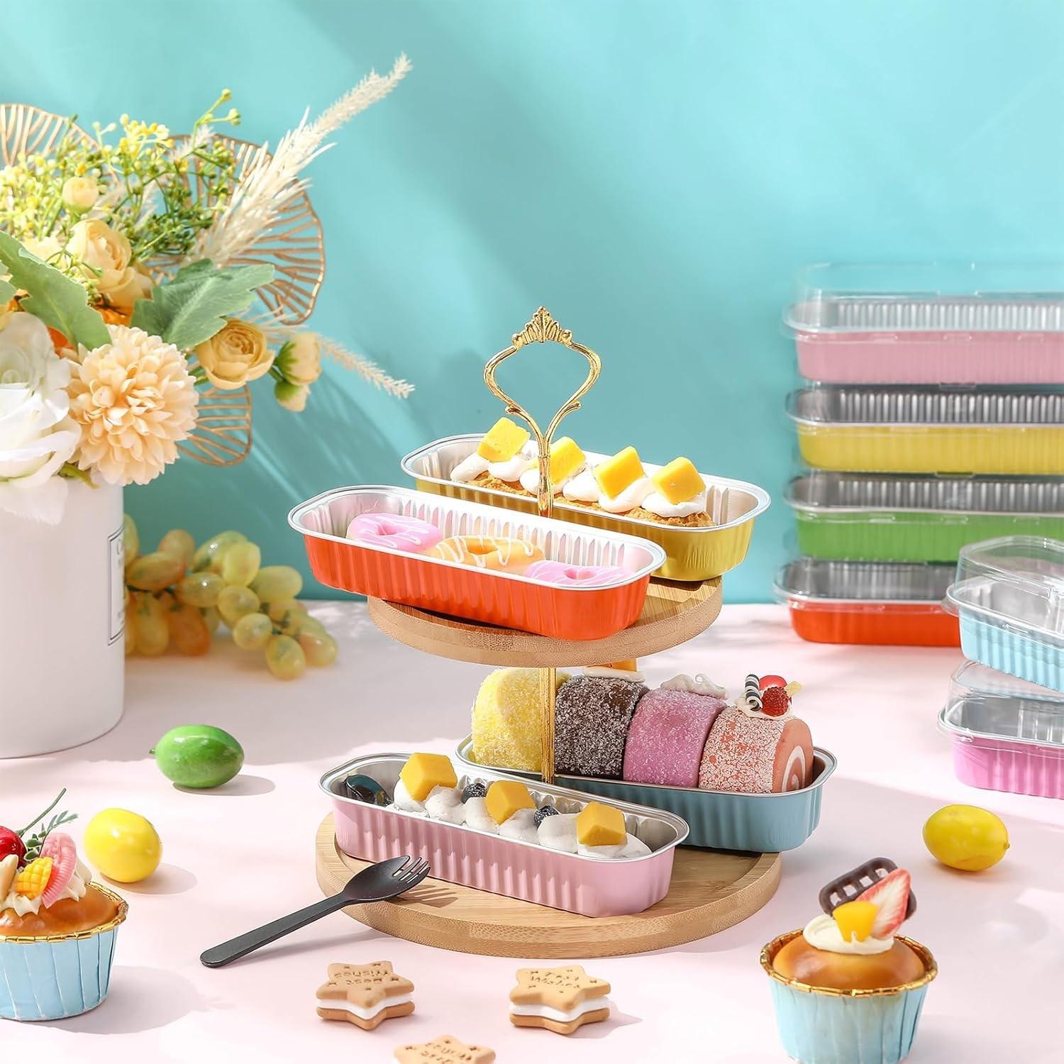 20pcs Long Rectangle Tiramisu Chocolate Packaging Foil Boxes, Aluminum Cake Box Dessert Molds, Disposable Foil Cups for Baking