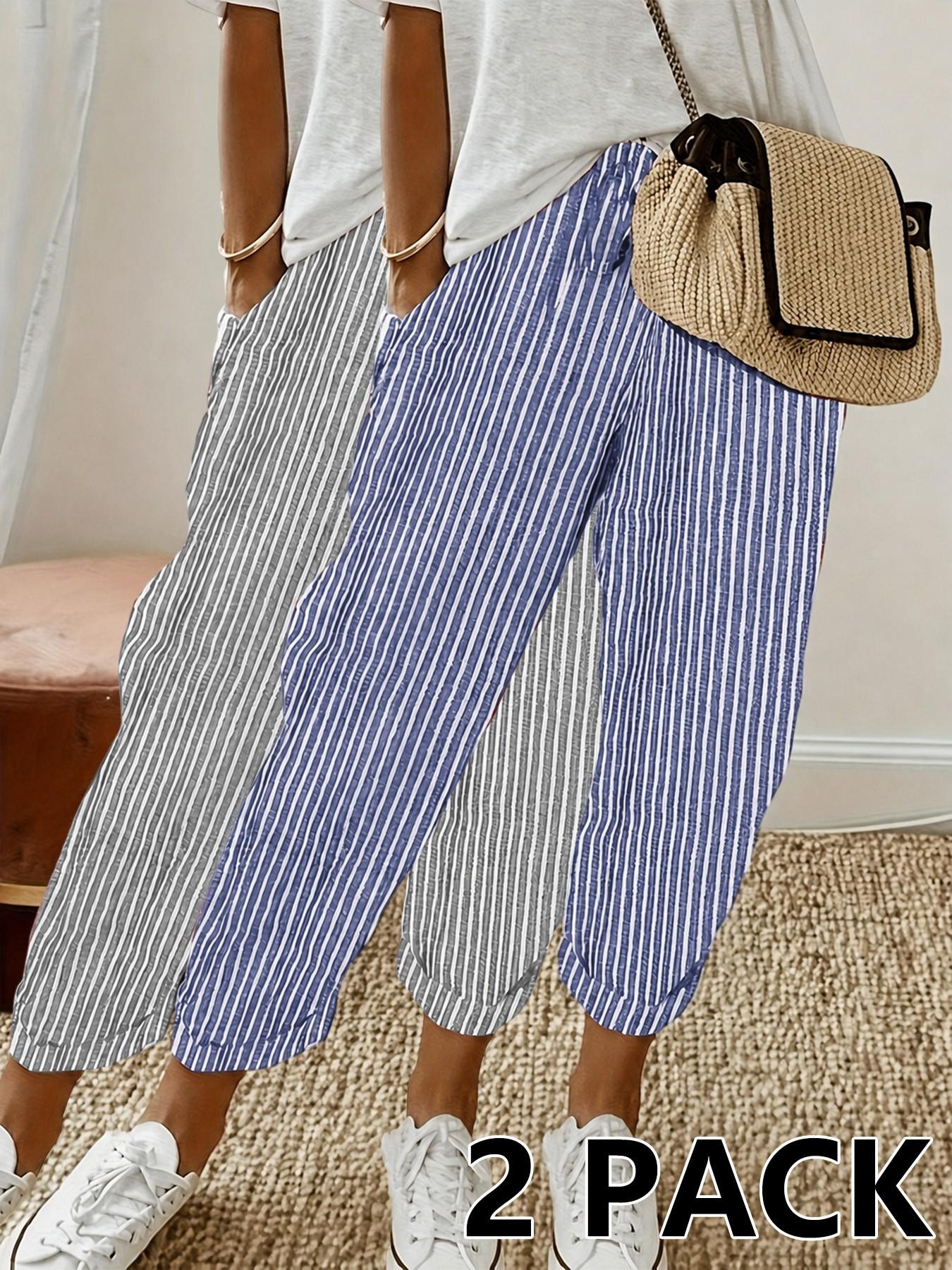 Women 2026 New Arrival Vertical Striped Linen Blend Cropped Pants, High Waist Drawstring Cuffed Casual Capri Trousers with Pocket, Summer Loose Fit Beach Everyday Jogger Pants, All Season, Casual Style Bottoms