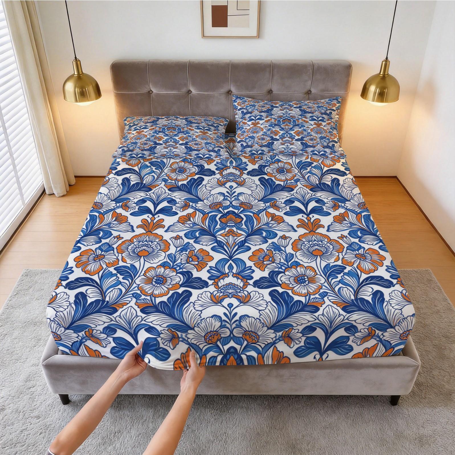 3 Piece Bohemian Blue Orange Floral Fitted Sheet Set, HD Digital Printed Bed Sheet Set, Deep Pocket Soft Bedding Set ( No Inserts) for Bedroom Decor