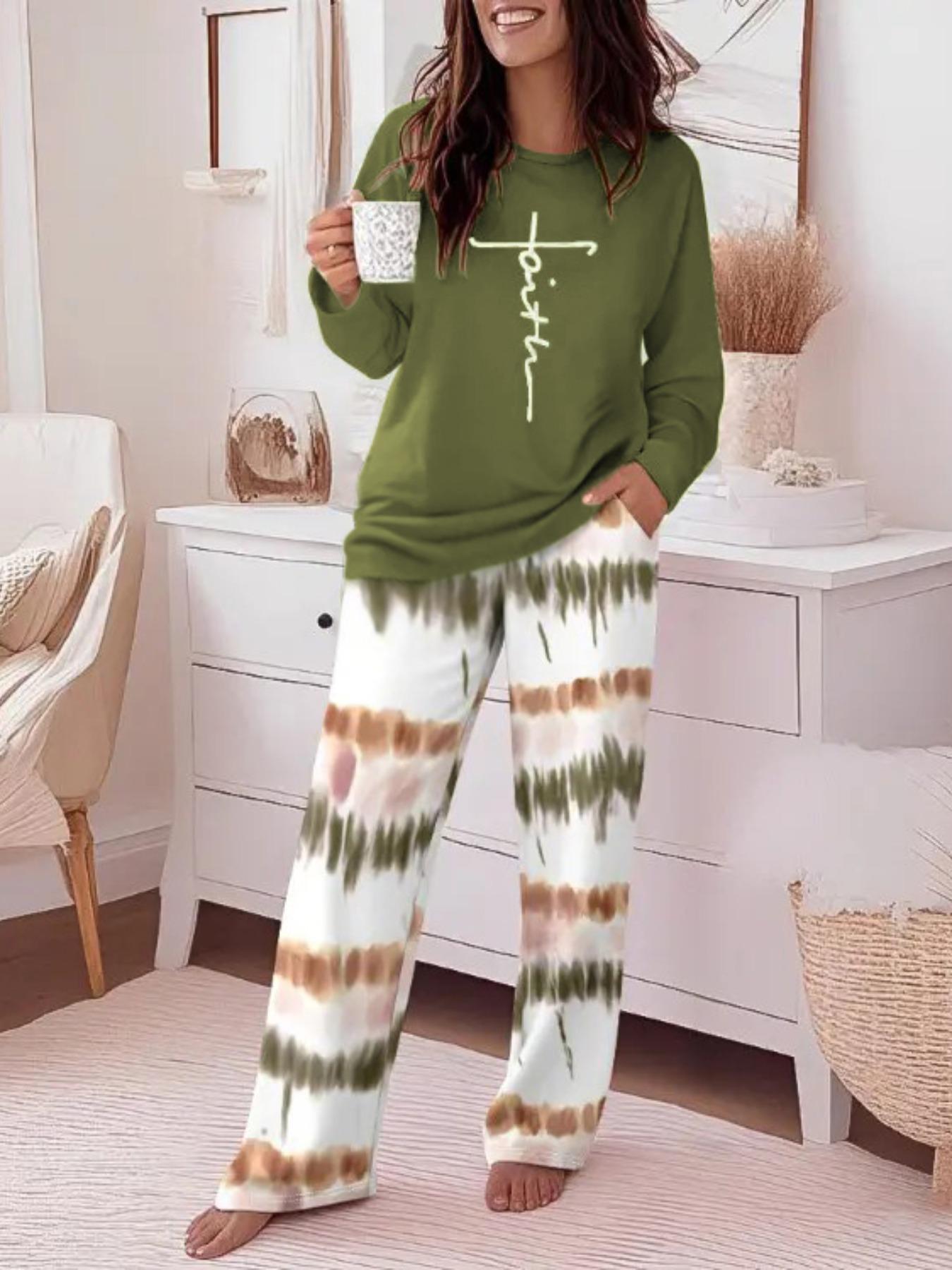Women's Casual Printed Round Neck Long Sleeve Top & Gradient Print Pants Set, Soft Comfortable Home Wear Loungewear, All Seasons Fitted