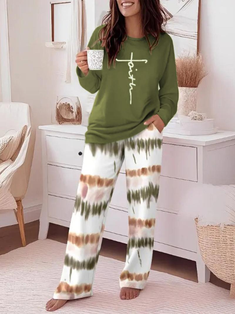 Women's Casual Printed Round Neck Long Sleeve Top & Gradient Print Pants Set, Soft Comfortable Home Wear, All Seasons Fitted