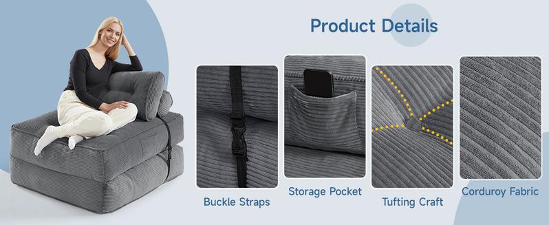 【Valentine's Day Gift】ONBRILL Folding Couch Sofa Bed,Convertible Sleeper Chair for Adults, Corduroy Portable 4 in 1 Fold Out Chair to Floor Lounger, Couches for Living Room,Single