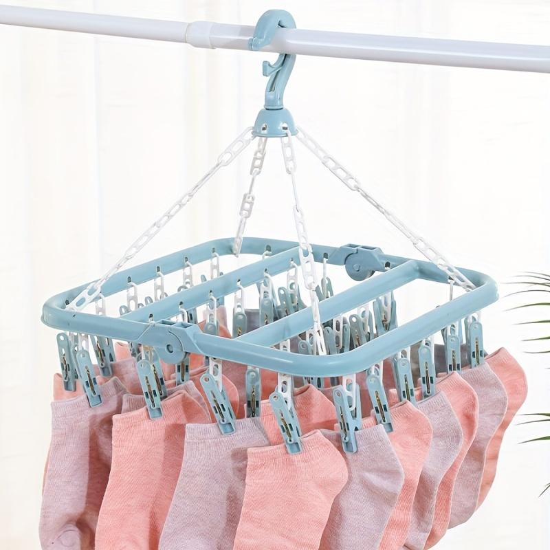 1PC Folding Clothes Hanger with Clips Multi functional Windproof and Sunscreen Clothes Hanger Folding Clothes Hanger Household Plastic Clothes Hanger 32 Clips